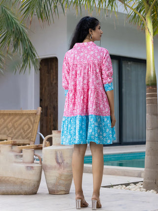 Pink & Sky Blue Cotton Floral Print Color Blocking Dress