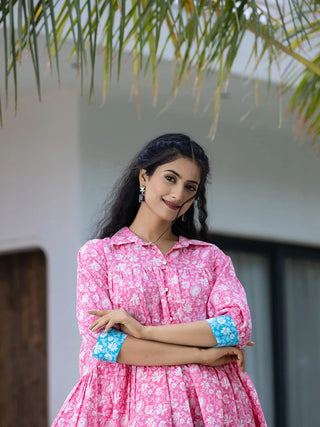 Pink & Sky Blue Cotton Floral Print Color Blocking Dress