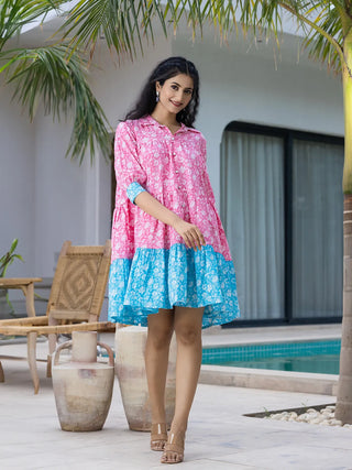 Pink & Sky Blue Cotton Floral Print Color Blocking Dress