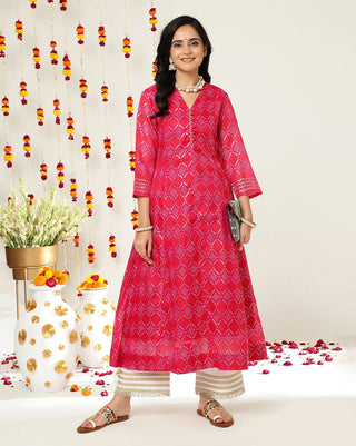 Pink & Gold Cotton Bandhani Print Anarkali Kurta