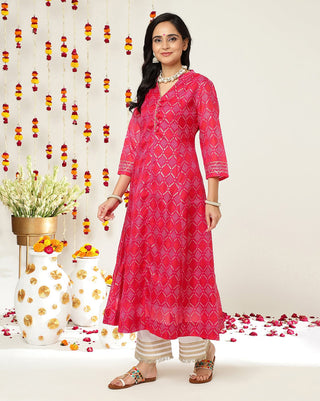 Pink & Gold Cotton Bandhani Print Anarkali Kurta