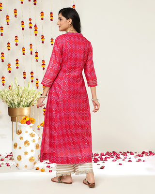 Pink & Gold Cotton Bandhani Print Anarkali Kurta