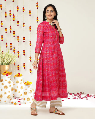 Pink & Gold Cotton Bandhani Print Anarkali Kurta