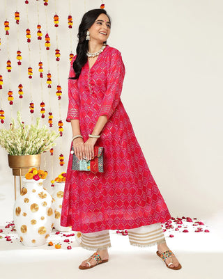 Pink & Gold Cotton Bandhani Print Anarkali Kurta