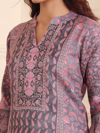 Pink & Grey Wool Blend Ethnic Print Suit Set with Wool Dupatta