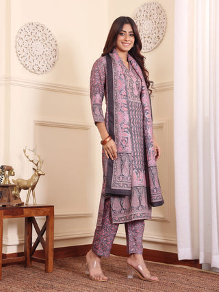 Pink & Grey Wool Blend Ethnic Print Suit Set with Wool Dupatta