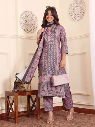 Pink & Grey Wool Blend Ethnic Print Suit Set with Wool Dupatta