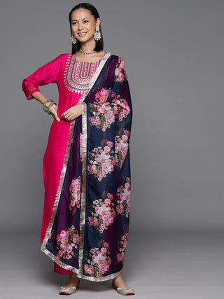 Fuchsia Art Silk Yoke Embroidered Kurta with Dupatta and Silk Blend Bottom