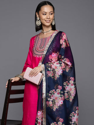 Fuchsia Art Silk Yoke Embroidered Kurta with Dupatta and Silk Blend Bottom