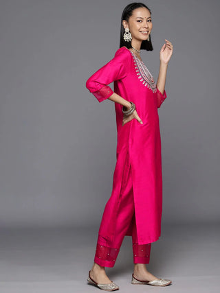 Fuchsia Art Silk Yoke Embroidered Kurta with Dupatta and Silk Blend Bottom