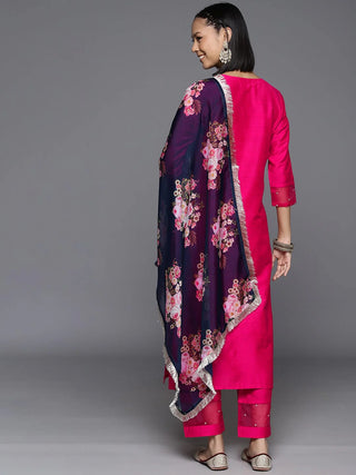 Fuchsia Art Silk Yoke Embroidered Kurta with Dupatta and Silk Blend Bottom