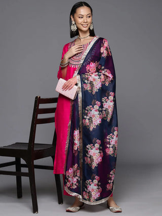 Fuchsia Art Silk Yoke Embroidered Kurta with Dupatta and Silk Blend Bottom