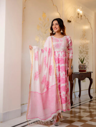 Pink & White Viscose Printed & Embroidered Anarkali Suit Set with Chanderi Cotton Dupatta