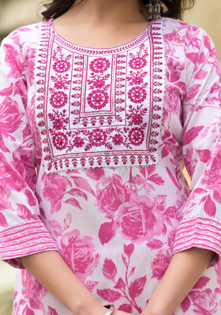 Pink & White Viscose Block Print & Embroidered Suit Set with Chanderi Cotton Dupatta