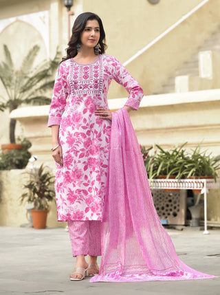 Pink & White Viscose Block Print & Embroidered Suit Set with Chanderi Cotton Dupatta