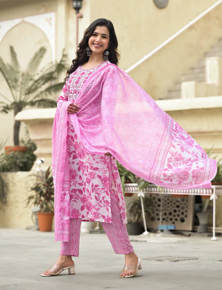 Pink & White Viscose Block Print & Embroidered Suit Set with Chanderi Cotton Dupatta