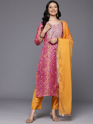 Pink & Cotton Blend Chevron Print & Embroidered Kurta with Solid Silk Blend Bottom & Silk Chiffon Dupatta