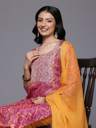 Pink & Cotton Blend Chevron Print & Embroidered Kurta with Solid Silk Blend Bottom & Silk Chiffon Dupatta