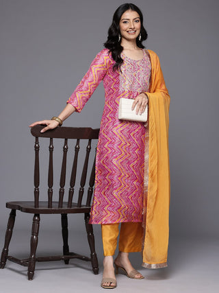 Pink & Cotton Blend Chevron Print & Embroidered Kurta with Solid Silk Blend Bottom & Silk Chiffon Dupatta