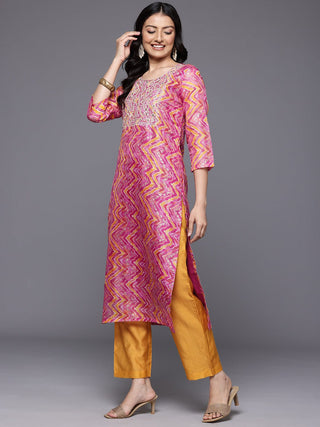 Pink & Cotton Blend Chevron Print & Embroidered Kurta with Solid Silk Blend Bottom & Silk Chiffon Dupatta