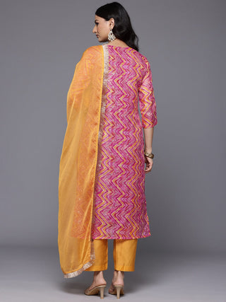 Pink & Cotton Blend Chevron Print & Embroidered Kurta with Solid Silk Blend Bottom & Silk Chiffon Dupatta