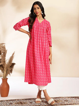 Pink Cotton Woven Designed Gathered Kurta