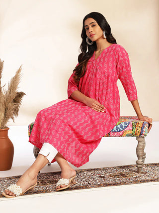 Pink Cotton Woven Designed Gathered Kurta