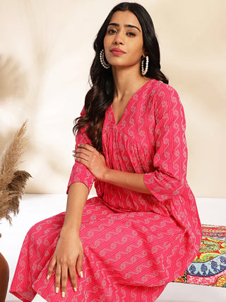 Pink Cotton Woven Designed Gathered Kurta