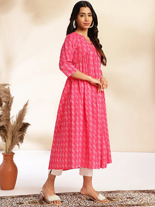 Pink Cotton Woven Designed Gathered Kurta