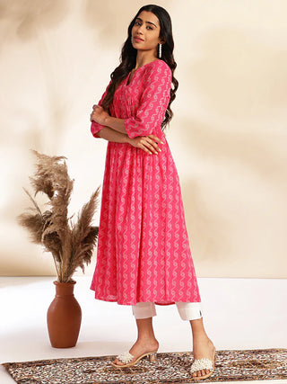 Pink Cotton Woven Designed Gathered Kurta