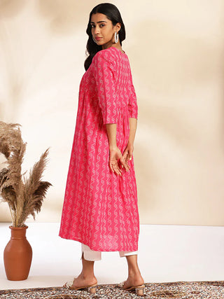 Pink Cotton Woven Designed Gathered Kurta