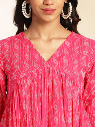 Pink Cotton Woven Designed Gathered Kurta