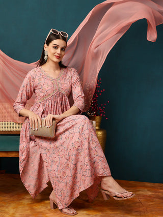 Pink Viscose Rayon A Line Floral Print Suit Set with Dupatta
