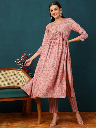 Pink Viscose Rayon A Line Floral Print Suit Set with Dupatta