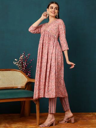 Pink Viscose Rayon A Line Floral Print Suit Set with Dupatta