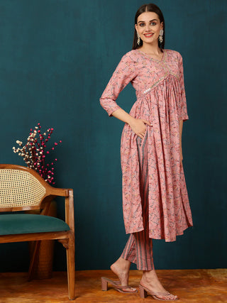 Pink Viscose Rayon A Line Floral Print Suit Set with Dupatta