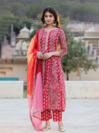 Pink Cotton Floral Print & Thread Work Anarkali Suit Set with Organza Dupatta