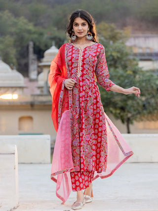 Pink Cotton Floral Print & Thread Work Anarkali Suit Set with Organza Dupatta