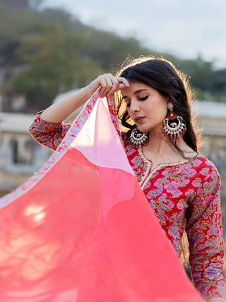 Pink Cotton Floral Print & Thread Work Anarkali Suit Set with Organza Dupatta