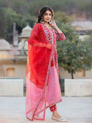 Pink Cotton Floral Print & Thread Work Anarkali Suit Set with Organza Dupatta