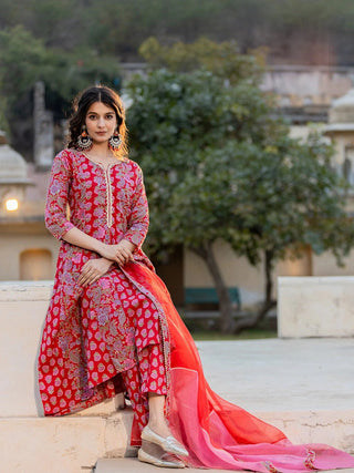 Pink Cotton Floral Print & Thread Work Anarkali Suit Set with Organza Dupatta