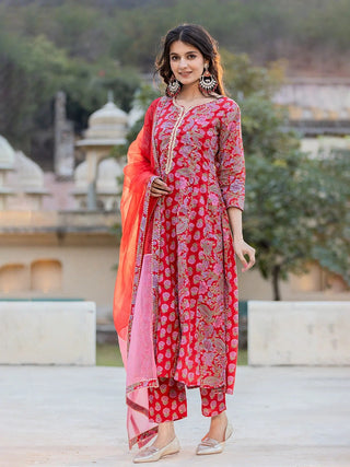 Pink Cotton Floral Print & Thread Work Anarkali Suit Set with Organza Dupatta