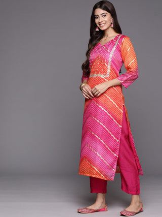 Pink And Orange Printed Cotton Kurta Set With Silk Blend Bottoms And Dupatta