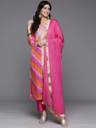 Pink Cotton Blend Foil Print, Bandhani & Zari Embroidered Suit Set with Silk Chiffon Dupatta