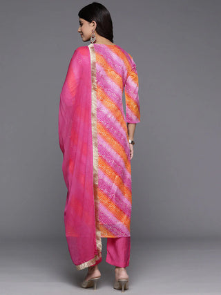 Pink Cotton Blend Foil Print, Bandhani & Zari Embroidered Suit Set with Silk Chiffon Dupatta