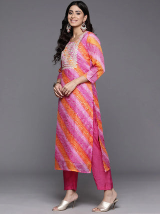 Pink Cotton Blend Foil Print, Bandhani & Zari Embroidered Suit Set with Silk Chiffon Dupatta