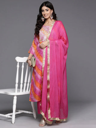 Pink Cotton Blend Foil Print, Bandhani & Zari Embroidered Suit Set with Silk Chiffon Dupatta