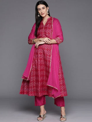 Pink Cotton Blend Bandhani Print & Embroidered Anarkali Kurta with Solid Silk Blend Bottom & Silk Chiffon Dupatta