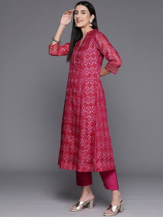 Pink Cotton Blend Bandhani Print & Embroidered Anarkali Kurta with Solid Silk Blend Bottom & Silk Chiffon Dupatta