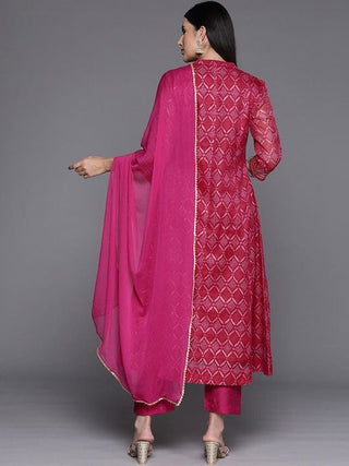 Pink Cotton Blend Bandhani Print & Embroidered Anarkali Kurta with Solid Silk Blend Bottom & Silk Chiffon Dupatta